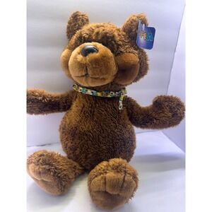 Goffa International Brown Shaggy Teddy Bear Plush with Floral Scarf NWT